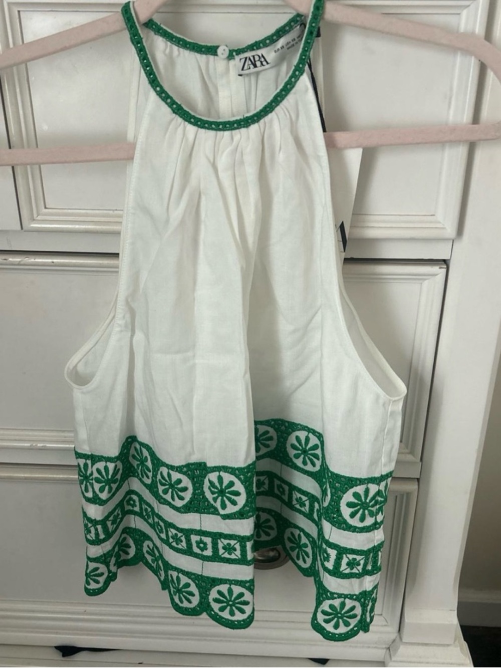 Zara White Tank Top with Green Embroidered Trim